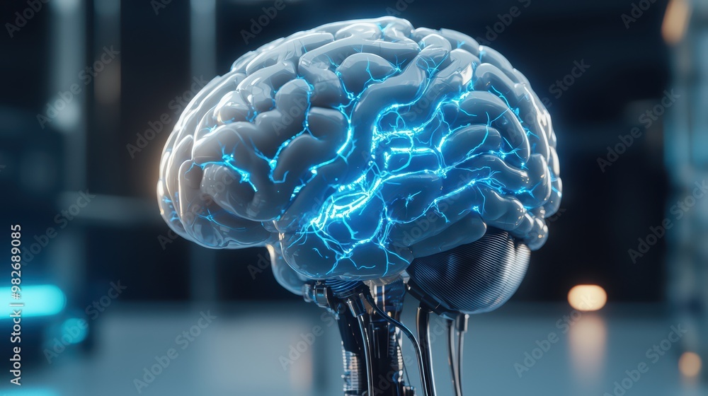 Poster futuristic brain design showcasing neural connections and artificial intelligence, representing adva