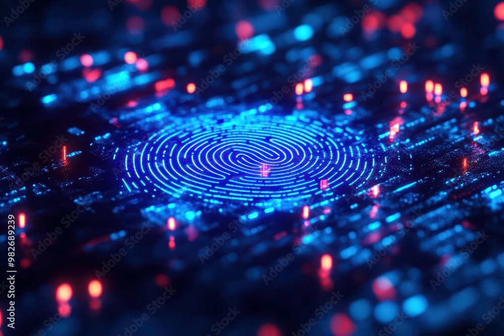 Poster futuristic digital design showcasing intricate patterns of blue and red lights in a tech-inspired en