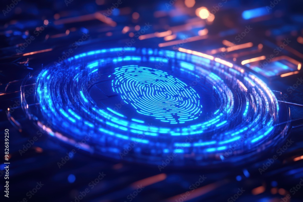 Aufkleber futuristic digital fingerprint with glowing neon patterns, symbolizing security and technology innov