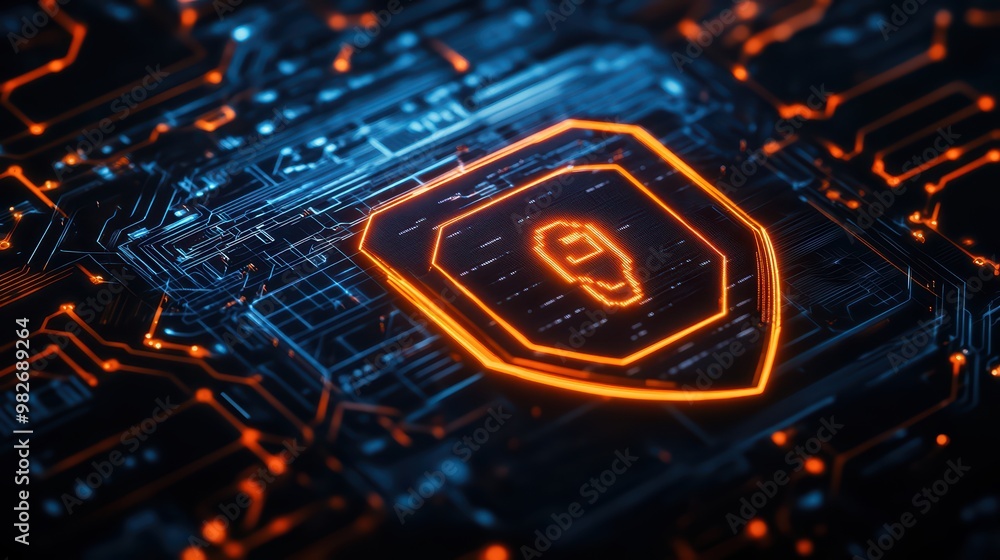 Poster futuristic digital shield symbol on a circuit board background, representing cybersecurity and data 