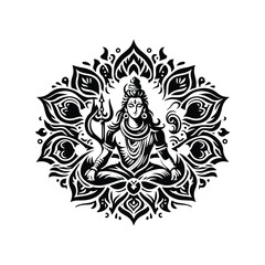 Fototapeta premium Shiva hindu god with folk art decoration in black and white illustrations, cutout graphic
