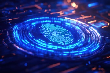 Obraz premium Futuristic digital fingerprint with glowing neon patterns, symbolizing security and technology innovation in modern systems.