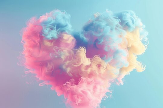 A heart-shaped cloud of colored smoke floats in a bright blue sky, perfect for adding a touch of whimsy to your project