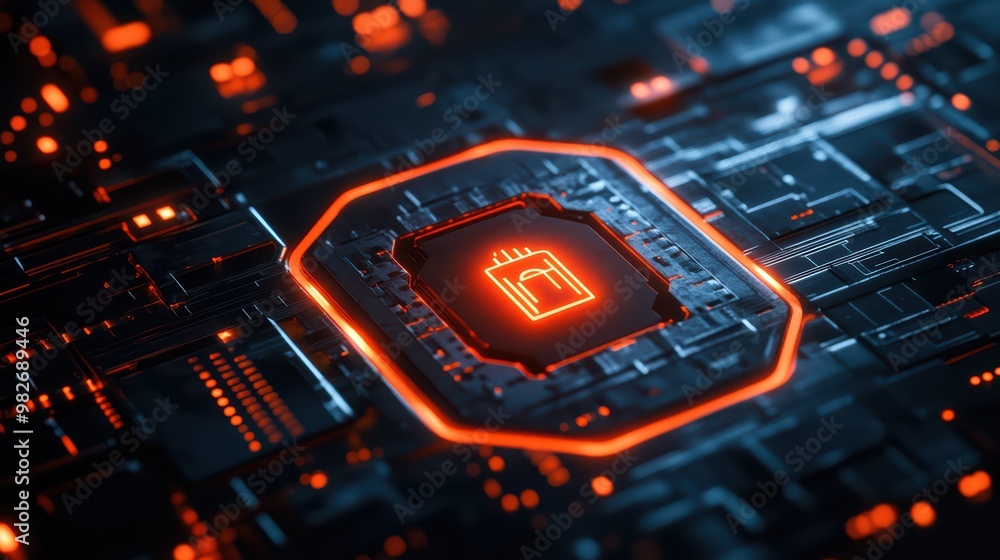 Poster futuristic microchip design with glowing circuitry and vibrant colors, showcasing modern technology 