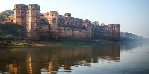 Fototapeta premium Stone fort reflected in a still river.