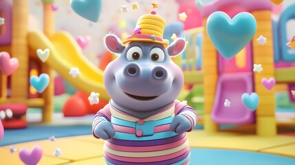 Fototapeta premium Cartoon hippo with playful eyes wearing a striped shirt and funny hat surrounded by floating hearts stars in a colorful playground