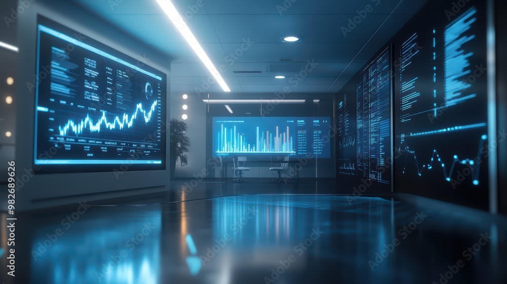 Poster futuristic office space with digital screens displaying data analytics and stock market trends, show