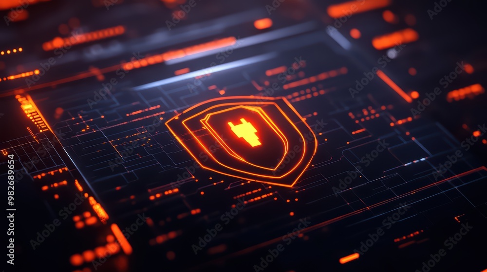 Poster futuristic shield emblem with glowing circuitry background, symbolizing digital security and technol