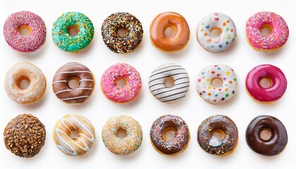 Collection of round donut doughnut, glazed sprinkles set, top view on transparent background cutout, PNG file. Many assorted different. Mockup template for artwork
