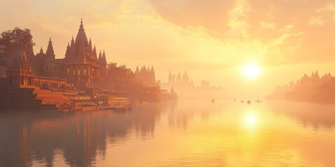Fototapeta premium Golden city by the river at sunset.