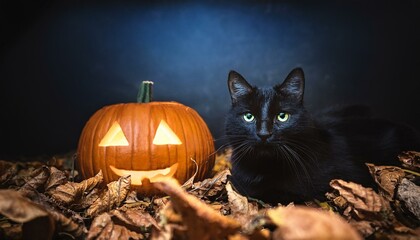 black cat with glowing eyes, peeking out from between fallen dry leaves next to a carved pumpkin, the moonlight softly illuminates the scene.