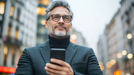 A middle-aged man looks up while holding a smartphone.