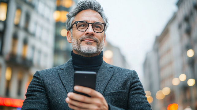 A middle-aged man looks up while holding a smartphone.