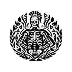 sparta skeleton with folk art decoration in black and white illustrations, cutout graphic