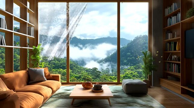 Living room with bookshelf and mountains view through window. Seamless looping time-lapse 4k video animation background