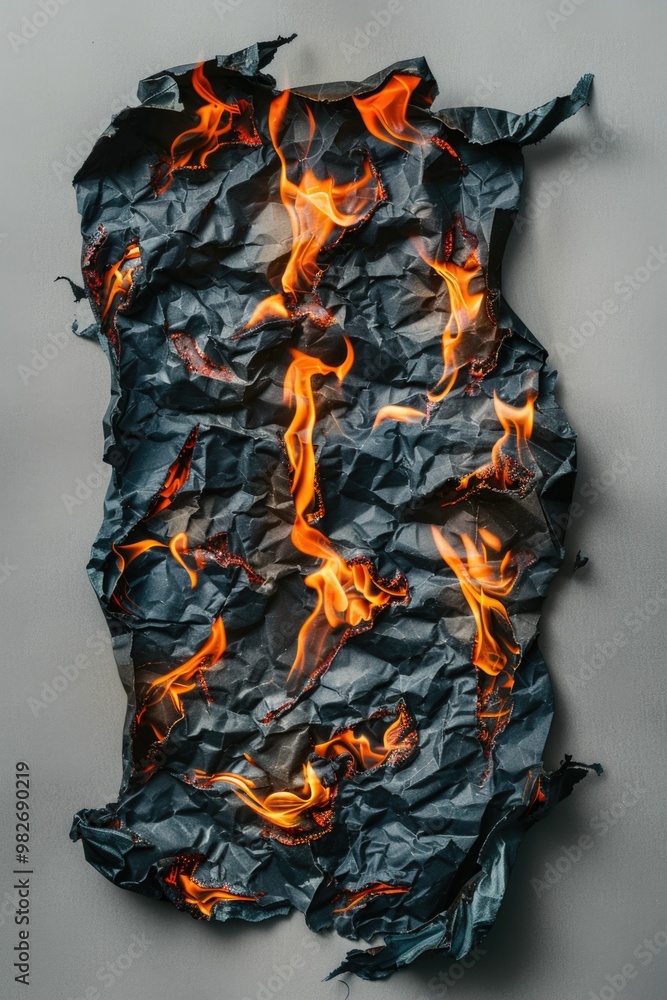 Poster a fragment of burnt paper with flames licking the edges, perfect for use in illustrations about chao