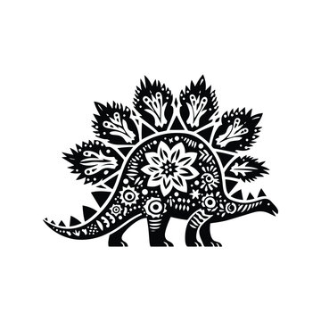 recommend clip art: Stegosaurus with folk art decoration in black and white illustrations, cutout graphic