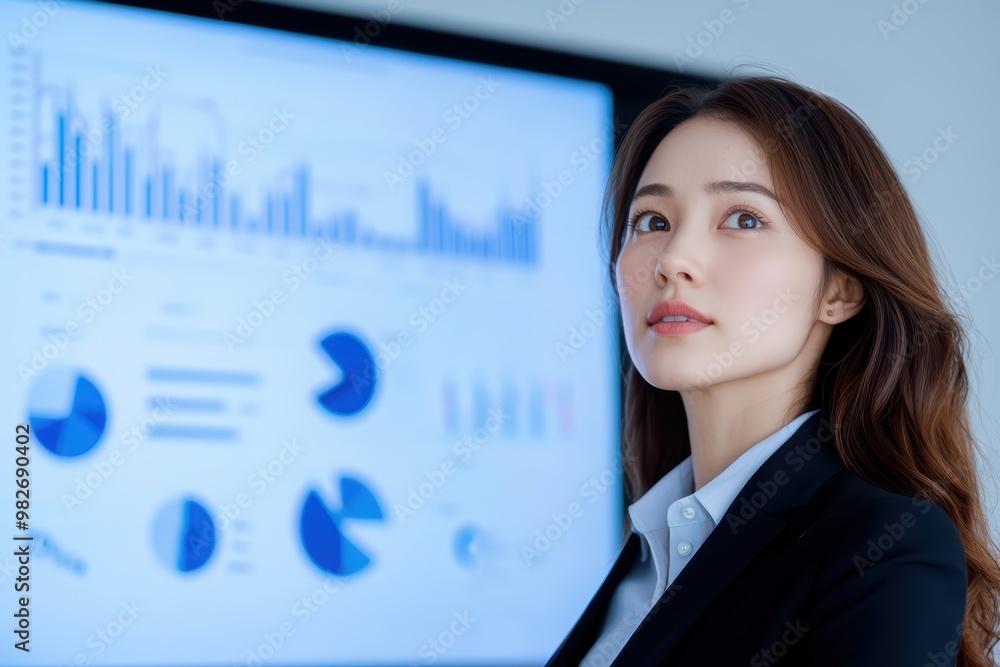 Poster professional woman analyzing data insights with graphs and charts on a digital screen, symbolizing b