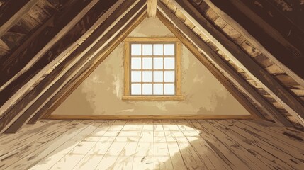 Obraz premium Empty Dusty Attic With Wooden Ceiling And Floor In Rustic Style With Open Window