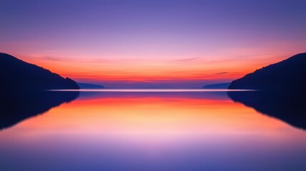 Serene sunset over a tranquil lake, reflecting vibrant hues of orange, purple, and blue. A peaceful scene for relaxation and inspiration.