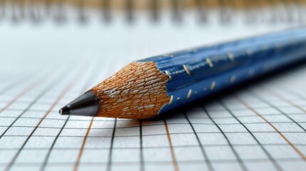 A close-up image of a worn pencil with a metal tip resting on a sheet of graph paper in a notebook, symbolizing the tools associated with writing, drawing, and precision work