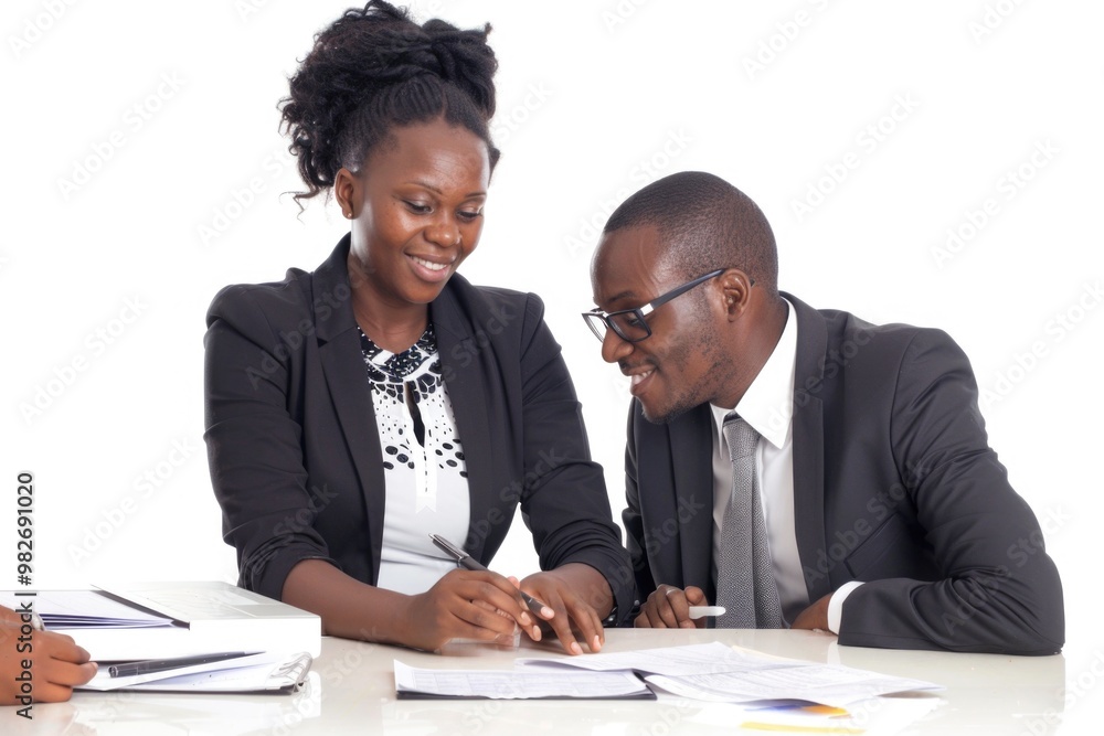 Poster a couple working together on documents and papers at a table