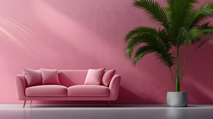 Pink contemporary sofa against wall and large plant photographic backdrop resource.