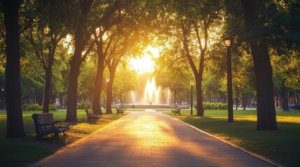 Fototapeta premium A beautiful urban park at sunrise, with trees lining walking paths and a fountain in the distance