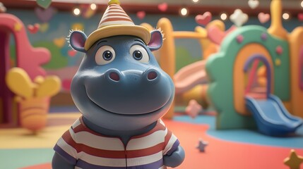 Naklejka premium Shiny hippo with big playful eyes wearing a striped shirt funny hat and surrounded by hearts stars in a cheerful playground
