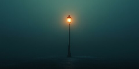 Fototapeta premium A single lamppost illuminates the foggy water.