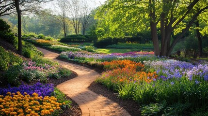 Obraz premium A colorful park with blooming flowers, tall trees, and winding walking paths