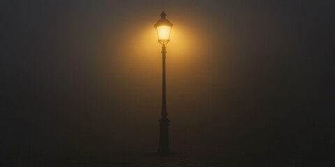 Obraz premium A lone lamppost shines brightly in the fog.