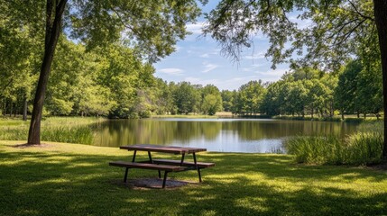Obraz premium A hidden park gem with a secluded lake and picnic areas, perfect for relaxation