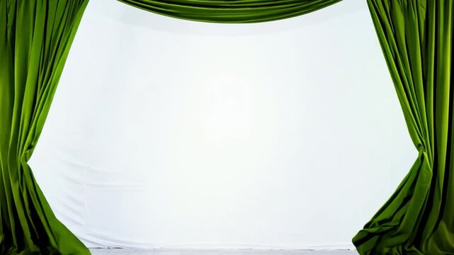 The lush green curtains hang beautifully, with a slight gap allowing warm light to filter through. The scene evokes a sense of anticipation and calm.