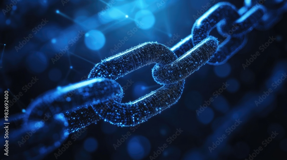 Poster blockchain technology background with connected nodes and chain links in digital blue