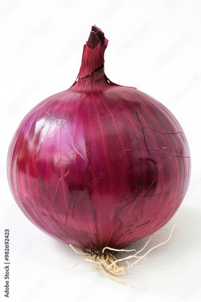 Poster close-up of a single red onion sitting on a clean white surface, ready for use in cooking or decorat