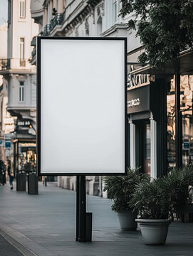 Front view of a A2 size blank poster mockup outside the store, with a black frame, on the sidewalk. This is a mock-up template for advertising and decoration design concepts. 