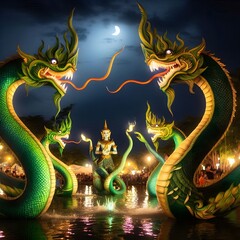 Fototapeta premium Green and golden serpents are playing in the water at night.