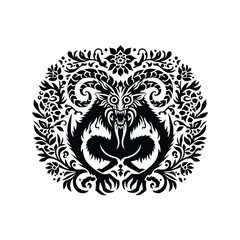 Fototapeta premium Wendigo creature with folk art decoration in black and white illustrations, cutout graphic