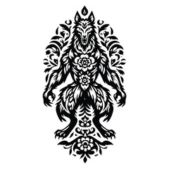 Fototapeta premium werewolves creature with folk art decoration in black and white illustrations, cutout graphic