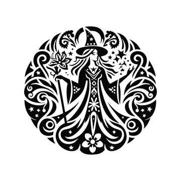 wizard female inside folk art decoration in black and white illustrations, cutout graphic