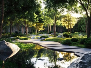 Obraz premium A park meditation space with zen gardens and a quiet pond reflecting the surrounding trees