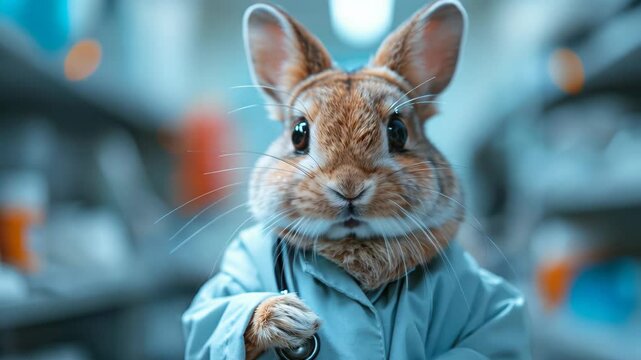 Bunny wearing a doctor coat and medical stethoscope, cute animal health profession