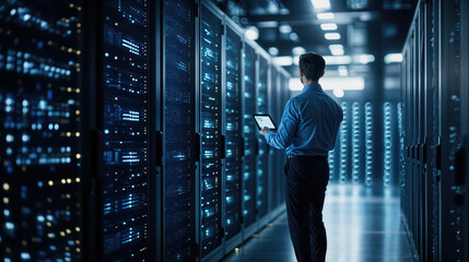 It specialist walking in big data center using tablet computer