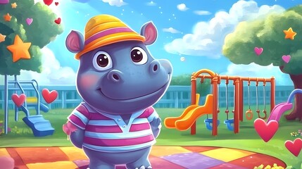 Fototapeta premium Shiny hippo with big eyes in a striped shirt and funny hat surrounded by hearts stars and a cheerful playground with swings and slides