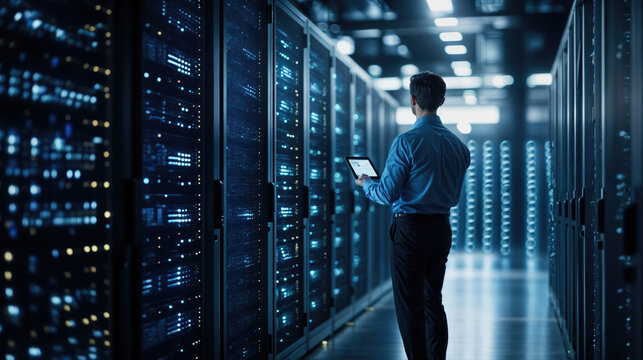 It specialist walking in big data center using tablet computer