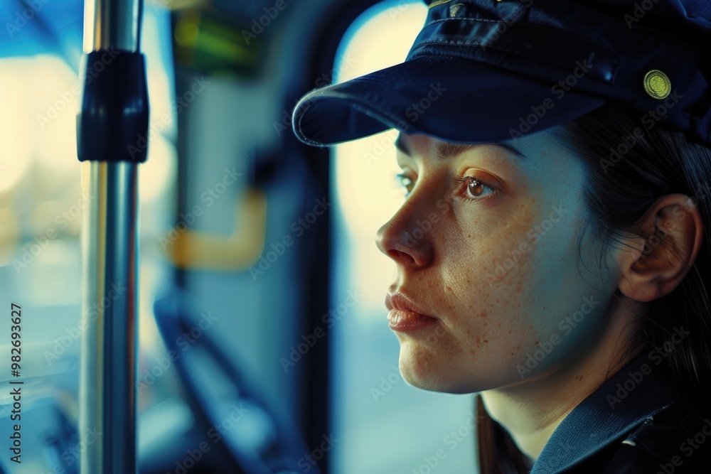Poster A woman sits on a bus and looks out the window, possibly enjoying the view or lost in thought