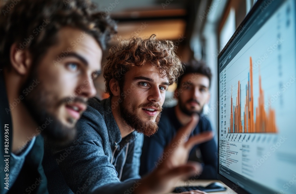 Canvas Prints Three colleagues working together on a computer screen filled with business data