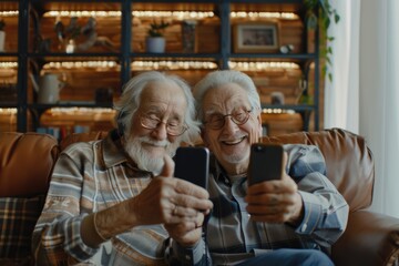 Two senior citizens sitting on a couch, possibly reminiscing or sharing stories