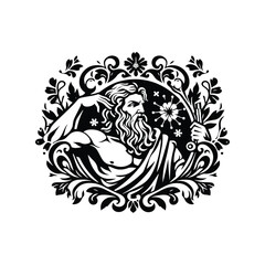 Fototapeta premium Zeus greek god with folk art decoration in black and white illustrations, cutout graphic